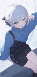 Rule 34 | 1girl, :p, absurdres, alternate costume, arm support, black footwear, black overalls, blue eyes, blue sweater, chromatic aberration, earclip, earrings, feet out of frame, from above, hair ribbon, highres, jewelry, kaga sumire, looking at viewer, lupinus virtual games, mole, mole under eye, multiple rings, overalls, parted bangs, purple nails, ribbon, ring, short hair, simuyutou, single strap, sitting, solo, sweater, tongue, tongue out, turtleneck, turtleneck sweater, v, virtual youtuber, vspo!, white hair