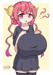 1girl :o ? ?? aged_down black_dress black_thighhighs breasts breasts_apart dress female_focus horns ilulu_(maidragon) jua kobayashi-san_chi_no_maidragon large_breasts looking_at_viewer open_mouth pink_eyes pink_hair short_hair solo thighhighs