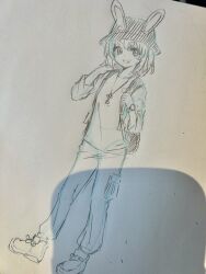 Rule 34 | 1girl, animal ear fluff, backpack, bag, blush, commentary request, dutch angle, ears through headwear, grin, hat, highres, hololive, key, kiritoma, long sleeves, looking at viewer, pants, photo (medium), shirt, shoes, short eyebrows, smile, solo, standing, thick eyebrows, traditional media, usada pekora, virtual youtuber, watch, wristwatch