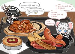 1boy 1girl analog_clock animal_ears apron black_eyes black_hair blue_eyes chibi chibi_only chopsticks clock custard cutlet d_ecember12th double-parted_bangs e.g.o_(project_moon) food food_on_face food_request fox_ears fox_tail hair_between_eyes highres holding holding_chopsticks holding_food kemonomimi_mode korean_text limbus_company maid maid_apron maid_headdress mini_person miniboy minigirl mouse_ears mouse_tail outline project_moon sausage short_hair sunshower_(e.g.o) table tail talking translation_request white_hair white_outline wooden_table
