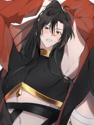 Rule 34 | 1boy, ahoge, alternate costume, armpits, arms up, asymmetrical clothes, bishounen, black eyes, black hair, black pants, black shirt, blush, clenched teeth, clothing cutout, crop top, crossdressing, dancer, gold trim, harem outfit, highres, long hair, looking at viewer, male focus, manjuyawaraka, midriff, modao zushi, navel, non-web source, pants, ponytail, red shawl, shawl, shirt, sidelocks, simple background, solo, spread legs, sweatdrop, teeth, thigh cutout, trap, turtleneck, wei wuxian, white background