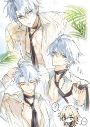 ... 2boys ? antenna_hair black_necktie blonde_hair blue_eyes braid chibi collared_shirt dkdk2 gradient_hair hand_on_own_head hashtag-only_commentary highres honkai:_star_rail honkai_(series) long_sleeves male_focus multicolored_hair multiple_boys multiple_views mydei_(honkai:_star_rail) neck_tattoo necktie official_alternate_costume parted_bangs partially_unbuttoned pectoral_cleavage pectorals phainon_(anan)_(honkai:_star_rail) phainon_(honkai:_star_rail) red_hair see-through_clothes see-through_shirt shirt short_hair side_braid spoken_ellipsis spoken_question_mark tattoo wet wet_clothes wet_shirt white_hair white_shirt yaoi yellow_eyes