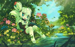 1girl :3 :d animal_nose aqua_pupils aqua_sky artist_name barefoot black_shirt black_shorts blue_flower breasts buck_teeth bush cloud colored_skin commentary crocus_(flower) daisy dated day drawing english_commentary eyeshadow flower forest furry furry_female grass green_theme highres humanoid_robot hydrangea ivy kiki_the_cyber_squirrel krita_(medium) krita_(software) lake layered_sleeves leaf lily_(flower) lily_of_the_valley lily_pad long_sleeves looking_at_viewer lotus makeup md5_mismatch medium_breasts nature official_art official_wallpaper on_grass open_mouth outdoors pink_eyes pink_eyeshadow pink_flower plant pond primrose_(flower) print_shirt purple_flower resolution_mismatch ripples river robot scenery shirt short_over_long_sleeves short_sleeves shorts sidelocks signature sitting sky smile soaking_feet solo source_smaller symbol-shaped_pupils teeth toes tree tulip tyson_tan vines water white_flower white_hair white_shirt white_skin yellow_flower