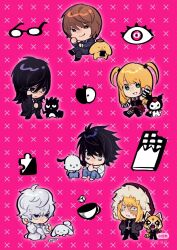 1girl 5boys :o aggressive_retsuko amane_misa apple arm_up arm_warmers badtz-maru bags_under_eyes barefoot black_coat black_eyes black_hair black_necktie black_pants black_shoes black_vest blonde_hair blue_pants brown_eyes brown_hair burn_scar chibi chibi_only chocolate chuqi717811861 cinnamoroll closed_mouth coat collared_shirt commentary constricted_pupils cup death_note death_note_(object) disembodied_eye food fruit full_body fur-trimmed_hood fur_trim glasses green_eyes grey_hair grey_vest grin hair_between_eyes hands_in_pockets highres hood hood_up hooded_coat kuromi l_(death_note) long_hair long_sleeves looking_at_viewer mello_(death_note) messy_hair mikami_teru multiple_boys near_(death_note) necktie open_clothes open_coat pants pink_background pochacco pompompurin purple_background puzzle puzzle_piece red_necktie retsuko sanrio scar scar_on_face semi-rimless_eyewear shirt shoes short_hair sitting sleeveless sleeveless_shirt smile socks striped_arm_warmers striped_clothes striped_socks sugar_cube teacup two_side_up under-rim_eyewear vest watermark white_pants white_shirt wing_collar xiaohongshu_watermark yagami_light