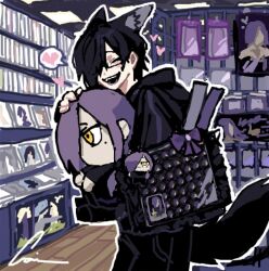 Rule 34 | 1boy, animal ears, bag charm, black hair, character charm, character doll, charm (object), chino (sky tanosi), closed eyes, commentary request, cowboy shot, dog boy, dog ears, dog tail, doll, glasses, hair over one eye, heart, holding, holding doll, indoors, itabag, loving aura, male focus, original, shop, short hair, solo, spoken heart, standing, tail