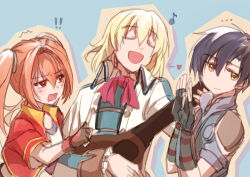 Rule 34 | 1girl, 2boys, ascot, black gloves, black hair, blonde hair, blue background, brown gloves, brown hair, closed eyes, double-parted bangs, eighth note, eiyuu densetsu, estelle bright, fingerless gloves, gloves, hair between eyes, hair intakes, highres, joshua bright, long hair, multiple boys, musical note, olivert reise arnor, open mouth, red ascot, red eyes, simple background, smile, sora no kiseki, twintails, willfin, yellow eyes