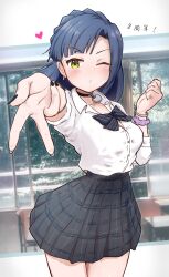 ;o absurdres anniversary black_bow black_bowtie black_choker black_nails black_skirt blue_hair blush bow bowtie breasts choker commentary_request concept_gyarus_(idolmaster) fingernails gyaru gyaru_v heart heart_choker highres idolmaster idolmaster_million_live! idolmaster_million_live!_theater_days kogal kuragezakana looking_at_viewer medium_breasts nail_polish nanao_yuriko one_eye_closed open_clothes open_shirt pleated_skirt school_uniform scrunchie shirt shirt_tucked_in short_hair skirt thighs v white_shirt wrist_scrunchie