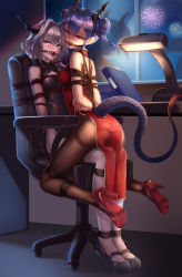 2girls absurdres arknights arms_behind_back ass ball_gag bare_arms bare_shoulders bdsm black_footwear blue_hair bondage bound bound_arms breasts brown_legwear ch&#039;en_(ageless_afterglow)_(arknights) ch&#039;en_(arknights) china_dress chinese_clothes chinese_commentary commentary_request desk_lamp double_bun dragon_horns dragon_tail dress female_focus fireworks gag gagged hair_intakes head_tilt high_heels highres horns indoors lamp lanse_dai_mao looking_at_viewer medium_breasts multiple_girls night official_alternate_costume pantyhose pelvic_curtain purple_eyes red_dress red_eyes red_footwear rope shadow shibari short_hair side_slit sidelocks silver_hair sleeveless sleeveless_dress swivel_chair tail talulah_(arknights) thighband_pantyhose thighs tied_to_chair bound_together window
