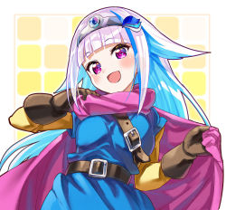 1girl :d belt belt_buckle black_belt black_gloves blue_hair blue_tunic buckle cape circlet commentary_request cosplay dragon_quest dragon_quest_iii gloves highres layered_sleeves lize_helesta long_hair long_sleeves looking_at_viewer multicolored_hair nijisanji open_mouth pink_cape pink_hair purple_eyes roto roto_(cosplay) roto_(dq3) sakino_shingetsu short_over_long_sleeves short_sleeves smile solo tunic two-tone_hair upper_body very_long_hair virtual_youtuber