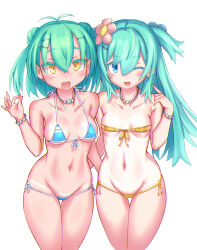 2girls absurdres bikini blue_eyes breasts double_bun emil_chronicle_online flower green_hair hair_bun hair_flower hair_ornament highres long_hair medium_breasts micro_bikini moran_alma multiple_girls open_mouth serizawa_(knight2020) shabotan_alma small_breasts swimsuit tan tanline two_side_up white_background yellow_eyes