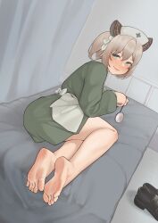 1girl absurdres aiharararara animal_ears barefoot blush feet green_eyes hat highres indie_virtual_youtuber loafers looking_at_viewer looking_back medium_hair nimi_nightmare nurse_cap on_bed shoes side_ponytail soles stethoscope toes unworn_shoes