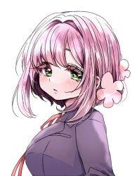 1girl black_jacket blazer blush bob_cut collared_shirt flower from_side green_eyes hair_between_eyes hair_flower hair_intakes hair_ornament hanazono_hakari jacket kimi_no_koto_ga_dai_dai_dai_dai_daisuki_na_100-nin_no_kanojo looking_at_viewer neck_ribbon parted_bangs parted_lips pink_flower pink_hair portrait puckered_lips raised_eyebrows red_ribbon ribbon shirt short_hair_with_long_locks simple_background solo white_background white_shirt yumenobetsu