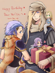 1990s_(style) 1girl 3boys age_difference armor bandana blonde_hair blue_eyes blue_hair cain_highwind cape cecil_harvey ceodore_harvey family father_and_son final_fantasy final_fantasy_iv final_fantasy_iv:_the_after_years frodera gift green_eyes hands_on_own_hips headband husband_and_wife long_hair looking_back mother_and_son multiple_boys purple_hair robe rosa_farrell short_hair sitting wristband