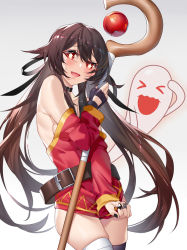 Rule 34 | &gt; &lt;, 1girl, bad id, bad pixiv id, bandaged leg, bandages, bare shoulders, belt, black collar, black gloves, black thighhighs, blush, breasts, brown belt, brown hair, collar, commentary request, cosplay, crossover, fang, fingerless gloves, flower-shaped pupils, gen 2 pokemon, genshin impact, ghost, ginklaga, gloves, gradient background, grey background, holding, holding staff, hu tao (genshin impact), kono subarashii sekai ni shukufuku wo!, long hair, looking at viewer, medium breasts, megumin, megumin (cosplay), nintendo, off shoulder, open mouth, pokemon, red eyes, sideboob, single glove, single thighhigh, skin fang, smile, solo, staff, standing, sweatdrop, symbol-shaped pupils, thighhighs, thighs, wobbuffet