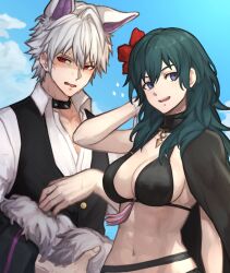 1boy 1girl :d absurdres bikini black_bikini black_vest blue_eyes blue_hair blue_sky breasts cleavage cloud collared_shirt commentary_request day female_byleth_(fire_emblem) female_byleth_(summer)_(fire_emblem) fire_emblem fire_emblem:_three_houses fire_emblem_awakening fire_emblem_heroes flower hair_flower hair_ornament highres hot large_breasts looking_at_viewer male_robin_(fire_emblem) male_robin_(grima)_(fire_emblem) male_robin_(halloween)_(fire_emblem) navel nintendo official_alternate_costume open_mouth outdoors shirt sky smile stomach sweat swimsuit teeth tongue tongue_out upper_teeth_only vest white_shirt zuzu_(ywpd8853)
