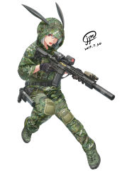 1girl animal_ears ar-15 assault_rifle camouflage commentary dated english_commentary fake_animal_ears female_focus gloves gun handgun headset highres holding holding_gun holding_weapon holster holstered hood jpc open_mouth original pistol rabbit_ears red_eyes rifle signature silver_hair solo suppressor trigger_discipline weapon white_background