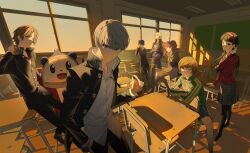 1arutan 4boys 4girls :d absurdres against_desk amagi_yukiko belt black_eyes black_hair black_jacket black_pants black_pantyhose black_shoes blonde_hair brown_eyes brown_hair buttons cardigan classroom closed_mouth collared_shirt commentary crossed_arms desk evening green_jacket grey_eyes grey_hair grey_skirt hairband hanamura_yousuke hand_in_own_hair headphones headphones_around_neck highres holding holding_removed_eyewear houndstooth indoors jacket kujikawa_rise kuma_(persona_4) legs_apart long_hair long_sleeves looking_at_viewer multiple_boys multiple_girls narukami_yu neckerchief on_chair on_desk one_eye_closed open_clothes open_jacket open_mouth pants pantyhose persona persona_4 pleated_skirt print_shirt red_cardigan red_hairband satonaka_chie school_desk school_uniform serafuku shirogane_naoto shirt shoes short_hair sitting sitting_backwards skirt skull_print smile socks standing t-shirt tatsumi_kanji track_jacket turtleneck turtleneck_jacket unworn_eyewear very_short_hair white_shirt white_socks window yasogami_school_uniform yellow_neckerchief