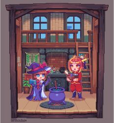 1boy 1girl :d black_boots blue_eyes book boots border bottle bow bright_pupils brown_hair bun_cover cape cauldron chibi commentary_request dragon_boy dress eastern_dragon_horns elbow_gloves facial_mark forehead_mark gloves gold_trim grey_border hair_bow hair_bun hat hat_bow height_difference holding holding_book holding_crate horns hua_zhuotian_(shinku_castle) index_finger_raised indoors ladder long_hair low-tied_long_hair monster_boy open_book open_mouth orange_eyes orange_hair original pants pentagram pink_bow pixel_art plant pointy_ears potion potted_plant purple_cape purple_dress purple_gloves purple_hat red_pants red_shirt shinku_castle shirt smile stirring two-sided_cape two-sided_fabric white_cape white_pupils window witch witch_hat wooden_frame yellow_horns