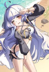1girl absurdres ahoge beach breasts ekah96 grey_hair highres hot long_hair looking_at_viewer mabinogi medium_breasts multicolored_eyes open_clothes purple_eyes rowan_(mabinogi) sweat two-tone_eyes two-tone_swimsuit yellow_eyes