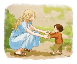 1boy 1girl ^_^ aged_down black_hair blonde_hair blue_dress border child closed_eyes commentary_request dated dress freckles full_body gohan_ooo holding_hands long_dress long_hair long_sleeves mother_and_son one_piece open_mouth orange_shirt portgas_d._ace portgas_d._rouge profile sandals shirt squatting white_border