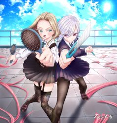 2girls blonde_hair blue_sky box_cutter comb eiai_nano fighting hanazono_hahari highres kimi_no_koto_ga_dai_dai_dai_dai_daisuki_na_100-nin_no_kanojo long_hair multiple_girls roof school_uniform skirt sky smile utsukushisugi_mimimi white_hair zizis_arts