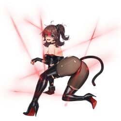 1girl ahoge animal_ear_headphones animal_ears ass back belt belt_collar black_belt black_boots black_collar black_gloves black_leotard boots bracelet breasts broken_headphones brown_hair brown_pantyhose cat_ear_headphones cat_tail collar convenient_censoring defeat fake_animal_ears fake_tail from_behind full_body gloves green_eyes hand_on_ground headphones high_heel_boots high_heels high_ponytail highres injury jewelry laser last_origin latex latex_boots latex_leotard leotard long_sleeves looking_at_viewer looking_back lower_teeth_only median_furrow medium_breasts medium_hair messy_hair official_alternate_costume official_art on_one_knee pantyhose ponytail shaded_face shoulder_blades sidelocks simple_background skindentation solo tachi-e tail tearing_up teeth thick_thighs thigh_boots thighs third-party_source tomo_(last_origin) torn_boots torn_clothes torn_leotard torn_pantyhose transparent_background tunamayo_(dsasd751) wavy_mouth