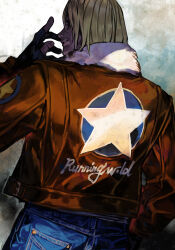 1boy arm_up blonde_hair blue_pants cowboy_shot denim english_text fatal_fury fingerless_gloves from_behind fur-trimmed_collar fur_trim garou:_mark_of_the_wolves gloves hungry_clicker jacket jeans male_focus pants parted_lips smile solo star_(symbol) teeth terry_bogard white_fur