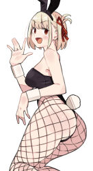 1girl :d absurdres animal_ear_hairband animal_ears ass black_leotard breasts fake_animal_ears fishnet_pantyhose fishnets hairband hand_up highres leotard looking_at_viewer lycoris_recoil medium_breasts nishikigi_chisato open_mouth pantyhose playboy_bunny rabbit_ear_hairband rabbit_ears rabbit_tail red_eyes red_ribbon ribbon sattinittas simple_background smile solo tail white_background wrist_cuffs