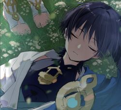 1boy aqua_kimono aqua_sleeves arm_behind_head armor black_bodysuit black_hair blue_cape blue_gemstone blunt_ends bodysuit bridal_gauntlets cape closed_eyes eyeliner eyeshadow flower gem genshin_impact gold grass hair_intakes han&#039;eri hirarinoie japanese_armor japanese_clothes kimono kote kurokote layered_clothes layered_kimono layered_sleeves lying makeup mandarin_collar nahida_(genshin_impact) on_back on_grass open_clothes open_kimono parted_lips red_eyeliner red_eyeshadow scaramouche_(genshin_impact) short_sleeves shoulder_peek sketch sleeping stirrup_footwear toenails toes unconscious vision_(genshin_impact) wanderer_(genshin_impact) white_flower white_footwear white_kimono white_mouth