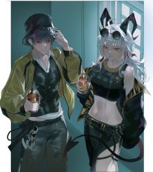 1boy 1girl absurdres ahoge black_hat black_horns black_jacket black_pants black_shirt black_skirt black_tail blue_hair brant_(wuthering_waves) charismaing collarbone collared_shirt commentary compose_coffee crop_top cup curled_horns demon_tail disposable_cup drinking_straw grey_hair hair_between_eyes hand_up hat highres holding holding_cup horns jacket long_hair long_skirt multicolored_hair navel off_shoulder official_alternate_costume pants parted_lips purple_eyes red_eyes shirt short_hair side_slit skirt smile stomach streaked_hair tail white_shirt wuthering_waves yellow_jacket zani_(wuthering_waves)