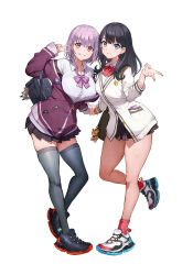 Rule 34 | 2girls, bag, black hair, black skirt, black thighhighs, blue eyes, bow, breasts, cardigan, cellphone, charm (object), full body, gridman universe, gyaru v, handbag, highres, holding hands, jacket, large breasts, long hair, long sleeves, looking at viewer, medium breasts, miniskirt, multiple girls, official art, orange scrunchie, phone, pink eyes, pink hair, pleated skirt, pocket, purple hair, purple jacket, red eyes, school uniform, scrunchie, shinjou akane, shirt, shoes, short hair, simple background, skindentation, skirt, smartphone, smile, smirk, socks, ssss.gridman, standing, standing on one leg, stuffed animal, stuffed toy, takarada rikka, teddy bear, thick thighs, thighhighs, thighs, toridamono, v, white background, white cardigan, white shirt, wide hips, wrist scrunchie, zettai ryouiki