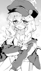 1girl aoba_(blue_archive) blue_archive bow_camisole cabbie_hat camisole fluffy_hair halo hat jacket long_hair looking_at_viewer monochrome no_pants off_shoulder open_clothes open_jacket open_mouth open_shirt rimukoro sitting solo steaming_body sweat tears wariza wavy_mouth