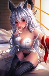 1girl absurdres bare_shoulders black_horns black_panties black_pants blush breasts clothes_pull collarbone commentary curled_horns dankira english_commentary fingernails hair_between_eyes highres horns indoors large_breasts long_hair looking_at_viewer mole mole_on_breast nail_polish on_bed panties pants pants_pull red_eyes shirt sitting solo thighs tongue tongue_out torn_clothes torn_shirt underwear very_long_hair white_shirt wuthering_waves zani_(wuthering_waves)