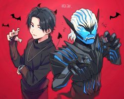 2boys aam09212 armor bat_(animal) black_armor black_hair black_nails black_shirt blue_eyes blue_sky bracelet dated demon_boy demon_horns fangs goth_fashion hair_slicked_back halloween highres horns jewelry kagero_(kamen_rider_revice) kamen_rider kamen_rider_revice long_fingers looking_at_viewer male_focus multiple_boys multiple_rings nail_polish necklace open_hand outside_border pointy_ears red_background ring sharp_teeth shirt short_hair sky spirit teeth upper_body vice_(kamen_rider_revice) white_hair