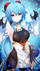 Rule 34 | 1girl, ahoge, bare shoulders, bell, black gloves, blue hair, blush, bodystocking, breasts, brown pantyhose, commentary request, detached sleeves, dress, ganyu (genshin impact), genshin impact, gloves, highres, horns, large breasts, long hair, looking at viewer, okuri banto, pantyhose, parted lips, purple eyes, revision, sideboob, solo, thighs, white dress