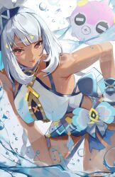 1girl bare_shoulders bent_over blue_hair blue_hairband blue_pupils braid breasts commentary cowboy_shot crop_top genshin_impact hairband large_breasts long_hair looking_at_viewer mualani_(genshin_impact) ntdanny red_eyes solo splashing tan tongue tongue_out very_long_hair wading water white_background
