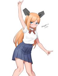 1girl absurdres alternate_costume blue_eyes blue_skirt bow bowtie collared_shirt dress_shirt feet_out_of_frame headgear highres index_finger_raised kantai_collection long_hair looking_at_viewer maru_(marg0613) orange_hair pleated_skirt red_bow red_bowtie salmon_(kancolle) school_uniform shirt simple_background skirt smile solo standing white_background white_shirt