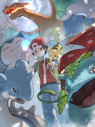 1boy blastoise blue_pants brown_hair charizard creature fire gen_1_pokemon hat highres ivysaur lapras looking_at_viewer monster nintendo open_mouth pants pikachu poke_ball pokemon pokemon_(creature) pokemon_frlg red_(pokemon) red_hat snorlax ve_0ekaki