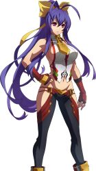 1girl antenna_hair backless_outfit black_pants blazblue blazblue:_central_fiction boots bow breasts female_focus fingerless_gloves full_body genderswap genderswap_(mtf) gloves hair_between_eyes hair_bow halterneck high_heel_boots high_heels highres hip_vent large_breasts long_hair lowleg lowleg_pants mai_natsume midriff navel no_bra official_art pants pink_eyes ponytail purple_hair revealing_clothes ribbon sideboob solo tagme transparent_background very_long_hair yellow_bow