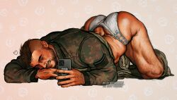 1boy ass bara black_hair call_of_duty call_of_duty:_modern_warfare_2 closed_mouth clothes_pull facial_hair green_jacket green_pants highres holding holding_phone jacket looking_at_phone male_focus muscular muscular_male panties pants pants_pull phone short_hair simple_background soap_(modern_warfare_2) solo twitter_username umikochannart underwear
