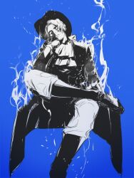 1boy ascot blue_background boots coat commentary_request fire gloves greyscale_with_colored_background hair_over_one_eye hat invisible_chair katagiri_ikumi male_focus one_piece sabo_(one_piece) short_hair simple_background sitting smoke solo
