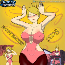 1girl 2025 animal_costume artist_logo bad_tag blonde_hair blue_eyes blush breasts breeze_dancer bunnygirl clumsydrawer easter eyeshadow large_breasts leotard lipstick logo makeup naruto naruto_(series) naruto_online pink_bunnysuit pink_eyeshadow pink_lips playboy_bunny rabbit_costume rabbit_pose self-upload simple_background skin_tight skintight_clothing solo solo_focus thighhighs thighs updo watermark web_address yellow_background