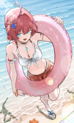 Rule 34 | 1girl, absurdres, ahoge, alternate costume, bare legs, bare shoulders, beach, bikini, black bikini, blue eyes, braid, breasts, cleavage, commentary, danjin (wuthering waves), english commentary, frilled bikini top, front-tie bikini top, front-tie top, hair intakes, hair ornament, highres, holding, holding swim ring, innertube, jewelry, legs, long hair, looking at viewer, medium breasts, mismatched bikini, navel, ocean, open mouth, red hair, red skirt, ryeon (naturesan), sand, sandals, short hair, skirt, smile, standing, standing on one leg, stomach, swim ring, swimsuit, tacet mark (wuthering waves), thighlet, toes, white bikini, wuthering waves