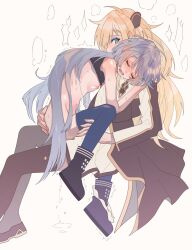 Rule 34 | 2girls, blonde hair, blush, breasts, brown necktie, closed eyes, clothed female nude female, clothed sex, collared dress, dress, duel monster, emptyayya, grey hair, highres, long hair, long sleeves, multiple girls, necktie, nude, simple background, sky striker ace - raye, sky striker ace - roze, sweat, twintails, two-tone dress, yu-gi-oh!, yuri