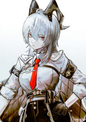 1girl absurdres ahoge arm_pouch black_gloves black_horns black_jacket black_pants breasts chest_harness choker closed_mouth collared_shirt commentary curled_horns gloves gradient_background grey_choker hair_between_eyes hand_on_own_hip harness high-waist_pants highres horns jacket jacket_on_shoulders long_hair long_sleeves looking_at_viewer medium_breasts mole mole_under_eye multicolored_hair necktie pants red_eyes red_necktie runamonet shirt signature simple_background solo streaked_hair upper_body white_background white_hair white_shirt wuthering_waves zani_(wuthering_waves)