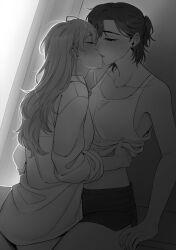 2girls between_legs blush closed_eyes clothes_lift collared_shirt commentary_request commission dolphin_shorts ear_blush earrings french_kiss greyscale half-closed_eyes jewelry kiss long_hair monochrome multiple_girls original shirt shirt_lift shorts sleeves_rolled_up stud_earrings tank_top thai_commentary yogurt_pt yuri