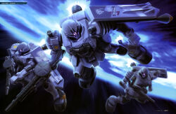 absurdres army cable earth_(planet) fleet gun gundam gundam_msv gundam_perfect_file highres in_orbit kinoshita_tomotake machine_gun machinery mecha mecha_focus mobile_suit no_humans official_art one-eyed painting_(medium) panzerfaust planet realistic robot roundel scan science_fiction shield space traditional_media translation_request weapon zeon zudah