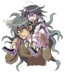Rule 34 | 2boys, black hair, blush, brown jacket, carrying, cropped torso, danganronpa (series), danganronpa v3: killing harmony, fang, gokuhara gonta, green hair, jacket, kumakoro (tetsupag), male focus, messy hair, multiple boys, necktie, oma kokichi, open mouth, pants, piggyback, pointing, pointing forward, purple eyes, red eyes, shirt, white pants, white shirt, yellow necktie