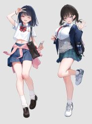 2girls :d ;d backpack bag black_shoes blazer blue_skirt bottle brand_name_imitation cardigan cardigan_around_waist cellphone clothes_around_waist collared_shirt commentary_request full_body grey_cardigan highres holding holding_phone jacket legs loafers long_sleeves looking_at_viewer midriff mignon multiple_girls navel one_eye_closed open_clothes open_jacket open_mouth original phone pink_cardigan plaid_clothes plaid_skirt pleated_skirt pocari_sweat sailor_collar school_bag school_uniform serafuku shirt shoes short_sleeves simple_background skirt smartphone smile sneakers socks standing standing_on_one_leg stomach thighs tongue v water_bottle white_background white_sailor_collar white_shirt white_shoes white_socks
