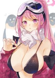 Rule 34 | 1girl, adjusting clothes, adjusting swimsuit, bikini, bird, black bikini, blue archive, breasts, commentary request, eimi (blue archive), eimi (swimsuit) (blue archive), goggles, goggles on head, halo, highres, jacket, large breasts, long hair, looking at viewer, naoton, off shoulder, penguin, pink hair, pink jacket, ponytail, purple eyes, scarf, ski goggles, solo, swimsuit, white scarf